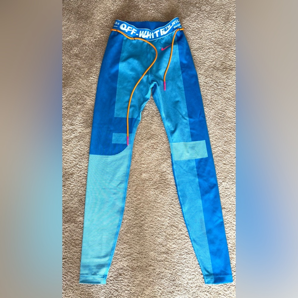 Off-White Blue Colorblock High-Rise Leggings with Yellow Drawstring